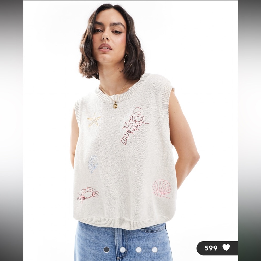 ASOS Design Coastal Embroidered Knit Sweater Vest Cream Lobster 🦞| Sz L NWOT